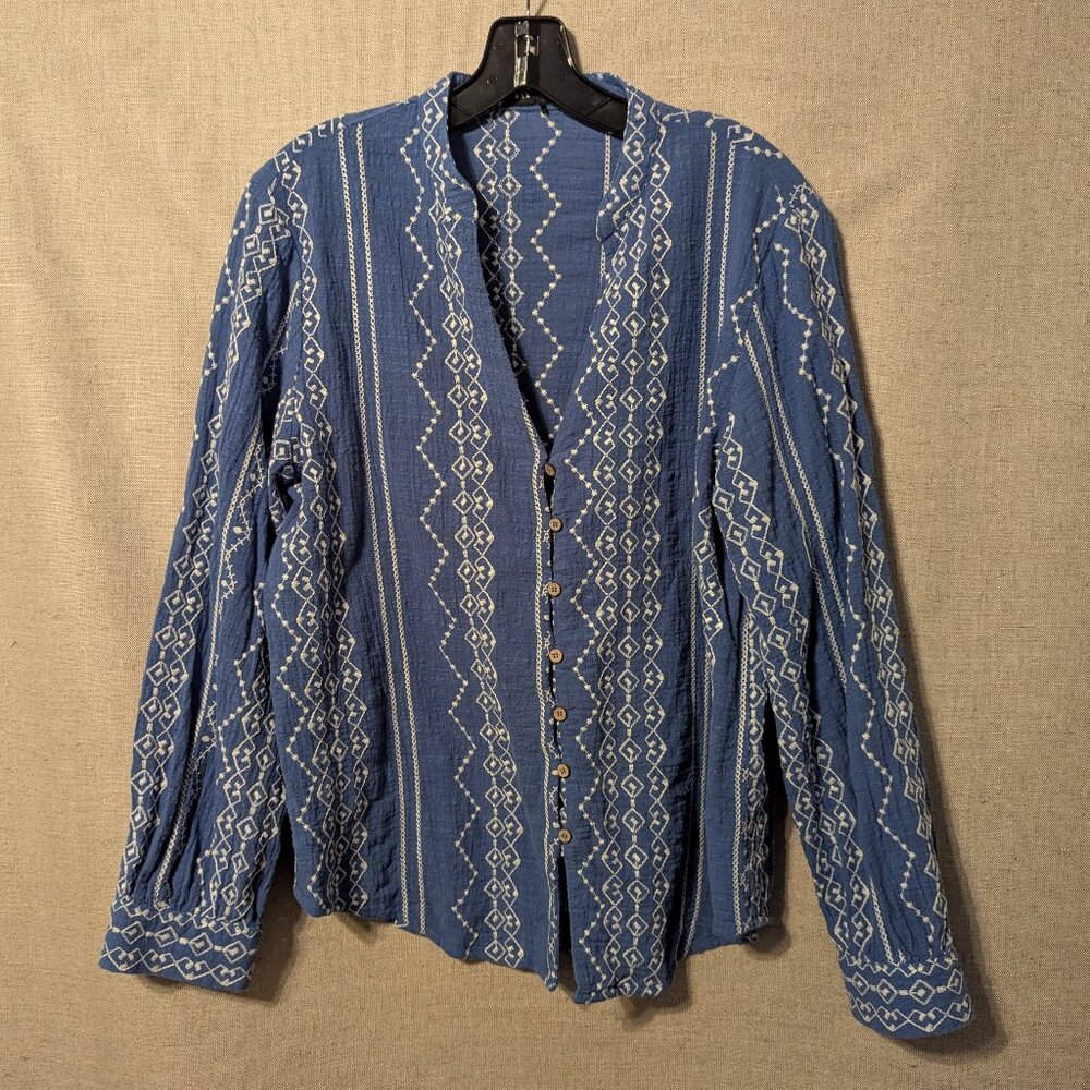 Zara Embroidered Blue Linen Blouse, Size M